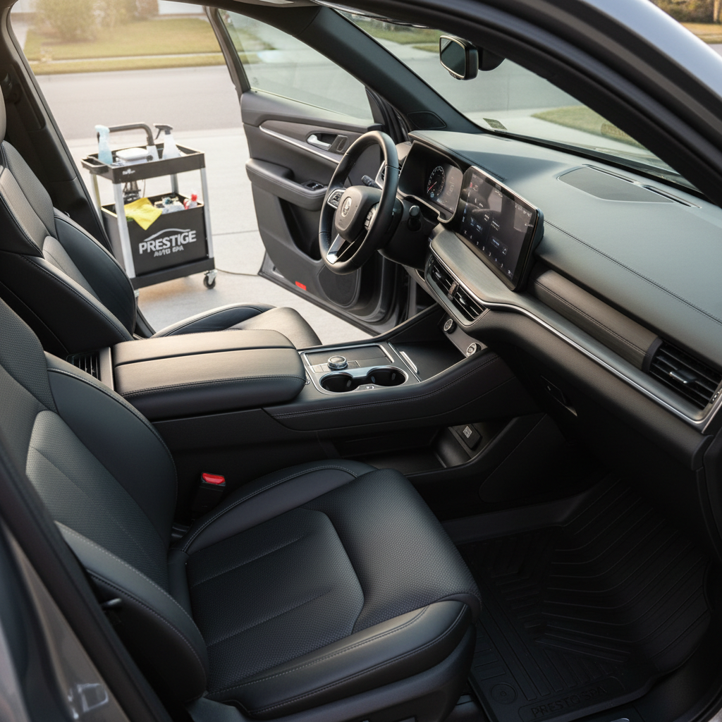 The interior of a modern SUV with seats in rich, perforated black leather, every surface meticulously cleaned and conditioned. Dust-free air vents, streak-free touchscreen, and perfectly aligned floor mats create a sense of precision. A branded detailing caddy rests on the driveway just outside the open door, visible but slightly out of focus. Soft morning light filters through the windshield, creating subtle highlights on the dashboard and stitching while keeping shadows gentle. Captured from the rear passenger side at a slightly elevated angle, the composition leads the eye through the cabin toward the front console. The mood is fresh, hygienic, and professional, rendered in photographic realism with a clean, contemporary aesthetic that reinforces premium mobile interior detailing.