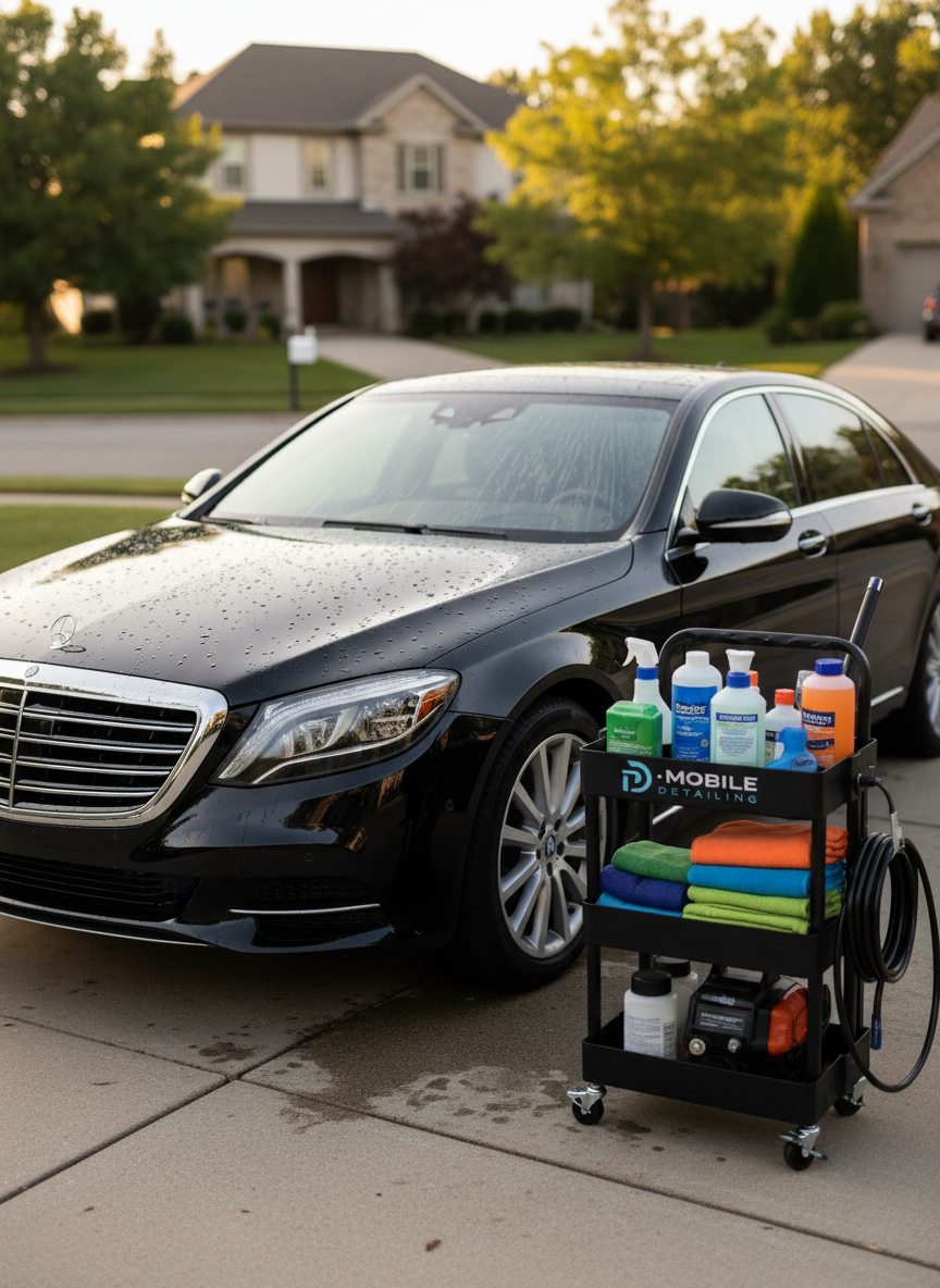 A gleaming black luxury sedan freshly detailed, water beading perfectly across the hood and windshield, parked in a clean suburban driveway. The D-MOBILE DETAILING logo is crisply visible on a compact, well-organized detailing cart beside the car, stocked with color-coordinated bottles, microfiber towels, and a compact pressure washer. Late afternoon natural light casts a soft, golden glow, creating sharp reflections on the flawless paint and chrome trim. Shot at a slightly low, three-quarter angle to emphasize the car’s shine and contours, with the house and trees softly blurred in the background. The mood is professional and premium, with photographic realism and a clean, modern aesthetic highlighting convenience and quality mobile service at home.