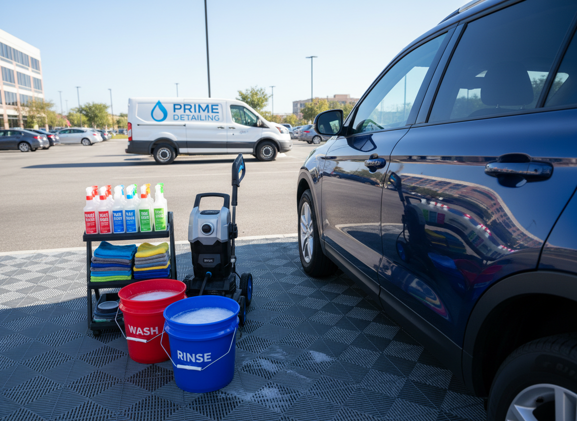 A compact, well-branded mobile detailing setup arranged neatly beside a mid-size SUV in an office parking lot, illustrating on-the-job convenience. A spotless pressure washer, color-coded spray bottles, a stack of folded microfiber towels, and a dual-bucket wash system sit on a clean rubber mat next to the vehicle. The SUV’s side panels gleam with a freshly washed sheen, reflecting the surrounding parked cars and subtle urban environment. Bright but diffused midday light creates crisp, professional clarity without harsh shadows. Shot from a slightly elevated three-quarter angle, with the SUV on the right third and the equipment on the left, the composition balances service and result. Photographic realism, modern and efficient mood, communicating professional mobile detailing brought directly to workplaces.