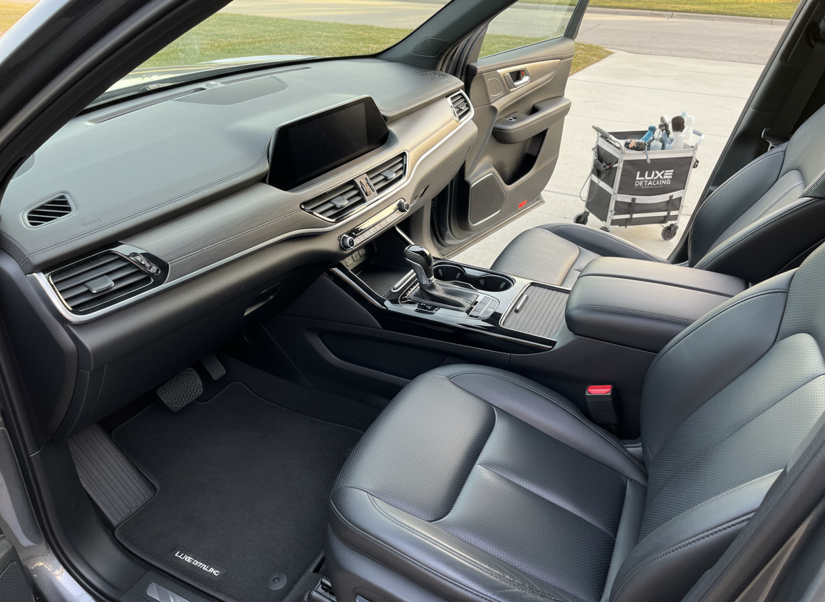 The interior of a modern SUV with seats in rich, perforated black leather, every surface meticulously cleaned and conditioned. Dust-free air vents, streak-free touchscreen, and perfectly aligned floor mats create a sense of precision. A branded detailing caddy rests on the driveway just outside the open door, visible but slightly out of focus. Soft morning light filters through the windshield, creating subtle highlights on the dashboard and stitching while keeping shadows gentle. Captured from the rear passenger side at a slightly elevated angle, the composition leads the eye through the cabin toward the front console. The mood is fresh, hygienic, and professional, rendered in photographic realism with a clean, contemporary aesthetic that reinforces premium mobile interior detailing.