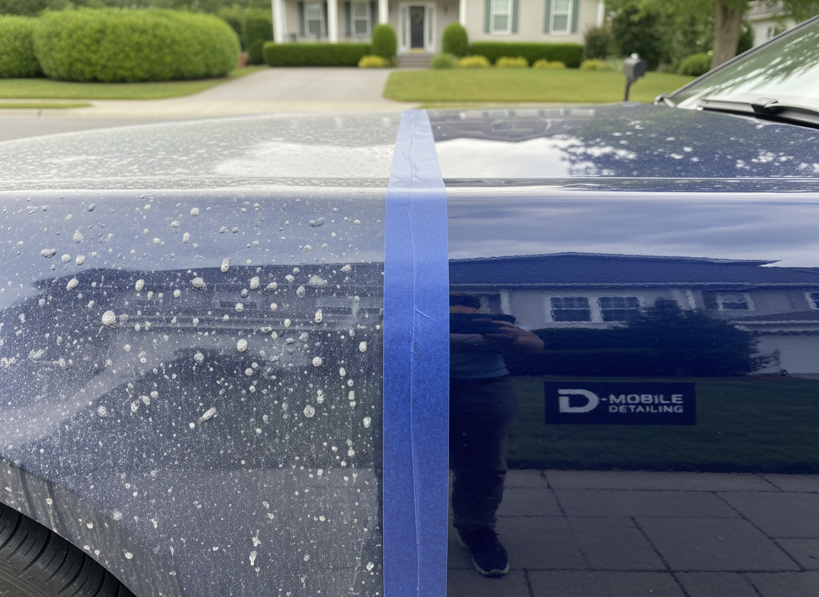 An extreme close-up of a deep blue car door showcasing a perfect mirror-like finish, one side half-covered in light road dust and water spots, the other side immaculate and polished to a brilliant gloss. A precisely taped line separates the two sections, emphasizing the transformation. The car is parked in a neat residential driveway with a neutral, softly blurred background. Overcast natural light provides even, diffused illumination that reveals every detail of the paint correction without harsh glare. Photographic realism with a professional, high-end feel, shot at eye level with shallow depth of field to draw attention to the dramatic before-and-after effect achieved by D-MOBILE DETAILING.