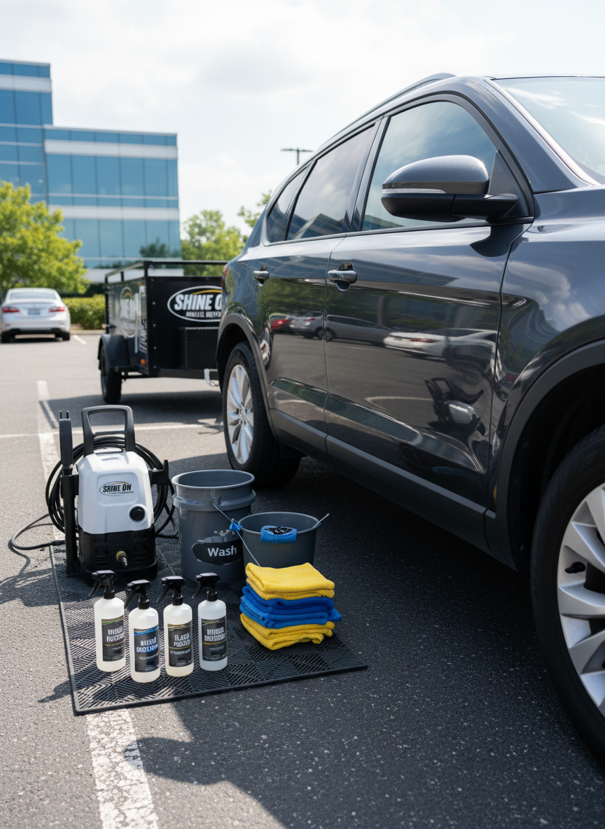 A compact, well-branded mobile detailing setup arranged neatly beside a mid-size SUV in an office parking lot, illustrating on-the-job convenience. A spotless pressure washer, color-coded spray bottles, a stack of folded microfiber towels, and a dual-bucket wash system sit on a clean rubber mat next to the vehicle. The SUV’s side panels gleam with a freshly washed sheen, reflecting the surrounding parked cars and subtle urban environment. Bright but diffused midday light creates crisp, professional clarity without harsh shadows. Shot from a slightly elevated three-quarter angle, with the SUV on the right third and the equipment on the left, the composition balances service and result. Photographic realism, modern and efficient mood, communicating professional mobile detailing brought directly to workplaces.