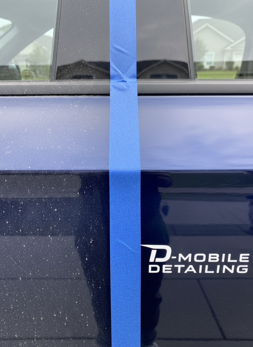 An extreme close-up of a deep blue car door showcasing a perfect mirror-like finish, one side half-covered in light road dust and water spots, the other side immaculate and polished to a brilliant gloss. A precisely taped line separates the two sections, emphasizing the transformation. The car is parked in a neat residential driveway with a neutral, softly blurred background. Overcast natural light provides even, diffused illumination that reveals every detail of the paint correction without harsh glare. Photographic realism with a professional, high-end feel, shot at eye level with shallow depth of field to draw attention to the dramatic before-and-after effect achieved by D-MOBILE DETAILING.