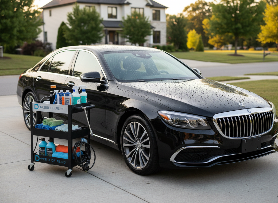 A gleaming black luxury sedan freshly detailed, water beading perfectly across the hood and windshield, parked in a clean suburban driveway. The D-MOBILE DETAILING logo is crisply visible on a compact, well-organized detailing cart beside the car, stocked with color-coordinated bottles, microfiber towels, and a compact pressure washer. Late afternoon natural light casts a soft, golden glow, creating sharp reflections on the flawless paint and chrome trim. Shot at a slightly low, three-quarter angle to emphasize the car’s shine and contours, with the house and trees softly blurred in the background. The mood is professional and premium, with photographic realism and a clean, modern aesthetic highlighting convenience and quality mobile service at home.